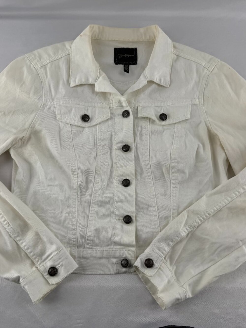 Jessica Simpson White Denim Jean Jacket Crop Button Front Women's Size M